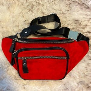 NWOT Beautiful Red Velvet Fanny Pack Sling Bag Purse Hip Zip Up Many Pockets